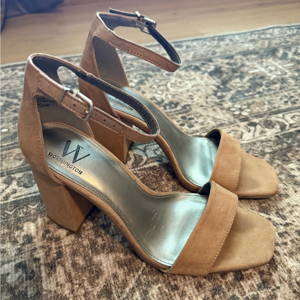 Worthington Camel Suede Block Heel Sandals with Ankle Strap